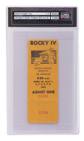 1985 Rocky IV Filming Full Ticket Rocky Balboa Defeats Ivan Drago - iCert Certified and Graded NM 7 