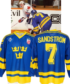 Tomas Sandstroms 1991 Canada Cup Team Sweden Game-Worn Jersey from His Personal Collection with LOA - Photo-Matched!