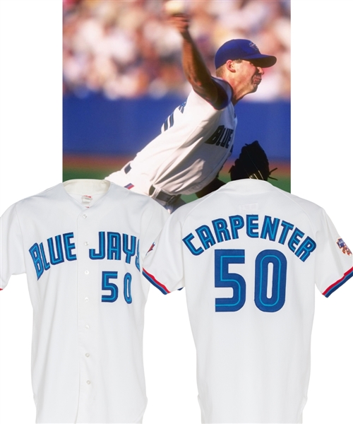 Chris Carpenters 1997 Toronto Blue Jays Game-Worn Rookie Season Jersey - Jackie Robinson 50th Anniversary Patch!