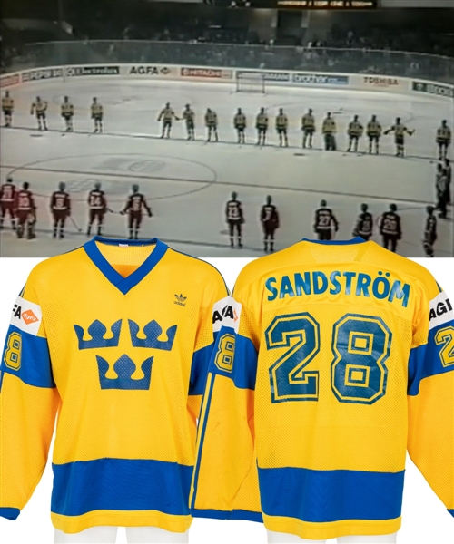 Tomas Sandstroms 1985 IIHF World Championships Team Sweden Game-Worn Jersey from His Personal Collection with LOA 