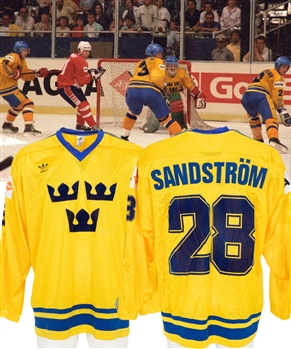 Tomas Sandstroms 1987 IIHF World Championships Team Sweden Game-Worn Jersey from His Personal Collection with LOA 