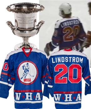 Willy Lindstroms 1976-77 WHA All-Star Game "West All-Stars" Game-Worn Jersey and Most Valuable Player (MVP) Trophy from His Personal Collection with His Signed LOA - Video-Matched!