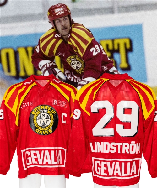 Willy Lindstroms Late-1980s Elitserien Brynas IF Game-Worn Captains Jersey from His Personal Collection with His Signed LOA 