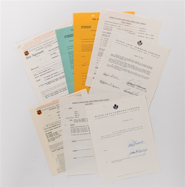 Toronto Maple Leafs 1960s to 1980s Official Document and Contract Collection of 8 Including Paul Evans 1975-77 Leafs Contract Signed by Deceased HOFer Clarence Campbell 