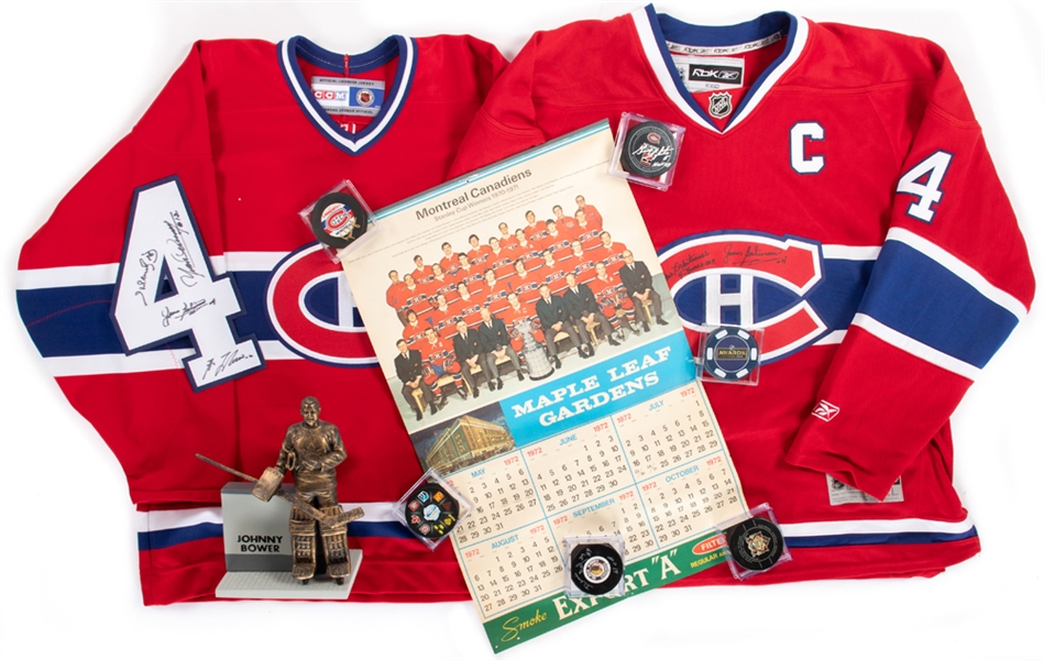 Deceased HOFers Jean Beliveau, Guy Lafleur and Henri Richard Signed No 4 Plus Beliveau Signed Canadiens Jersey, Signed Pucks (Dryden, Lapointe and DeJordy) and More 