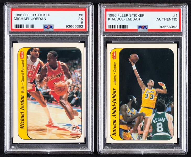 1986-87 Fleer Basketball Sticker #8 HOFer Michael Jordan Rookie (Graded PSA 5) and #1 HOFer Kareem Abdul-Jabbar (Graded PSA Authentic)