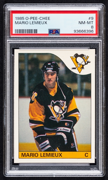 1985-86 O-Pee-Chee Hockey Card #9 HOFer Mario Lemieux Rookie - Graded PSA 8