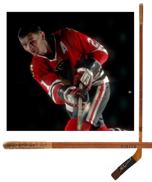 Stan Mikitas Mid-to-Late-1960s Chicago Black Hawks Signed Christian Bros. Custom Pro "Banana Hook" Game-Used Stick with LOA