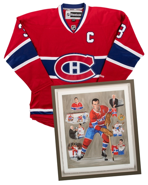 “Butch Bouchard #3” Michel Lapensee Limited-Edition Framed Lithograph #7/100 Plus Butch Bouchard Signed Montreal Canadiens Captains Jersey with Classic Auctions LOA 