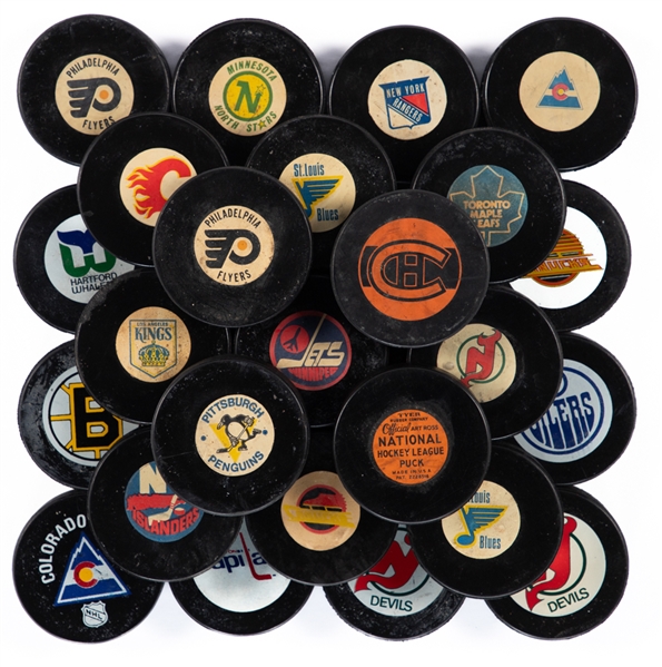 1960s to 1990s NHL, AHL, CHL, QMJHL and Others Game and Souvenir Puck Collection of 35 with LOA