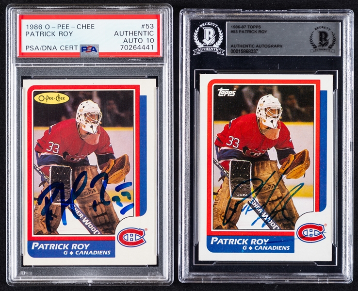 1986-87 O-Pee-Chee and 1986-87 Topps Signed Hockey Cards #53 HOFer Patrick Roy Rookie (PSA/DNA and Beckett Certified Authentic Autographs)