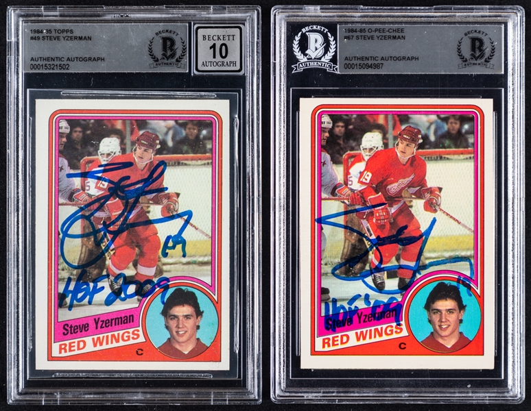 1984-85 O-Pee-Chee and 1984-85 Topps Signed Hockey Cards #67 and #49 HOFer Steve Yzerman Rookie (Beckett Certified Authentic Autographs)