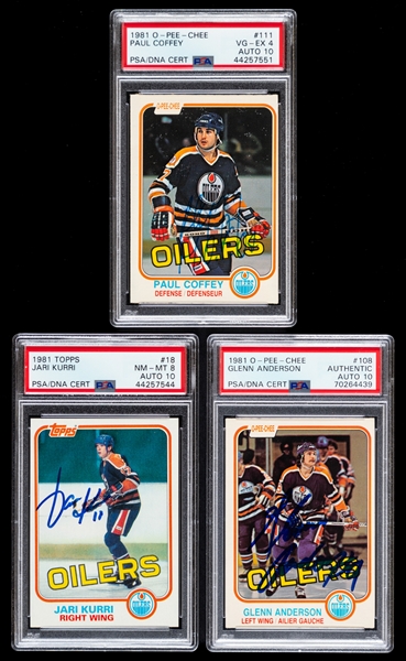 1981-83 O-Pee-Chee/Topps Signed Edmonton Oilers Hockey Cards (6) Inc. HOFers Rookie Cards of Paul Coffey, Glenn Anderson, Jari Kurri, Lowe and Fuhr (PSA/DNA and Beckett Certified Authentic Autographs)