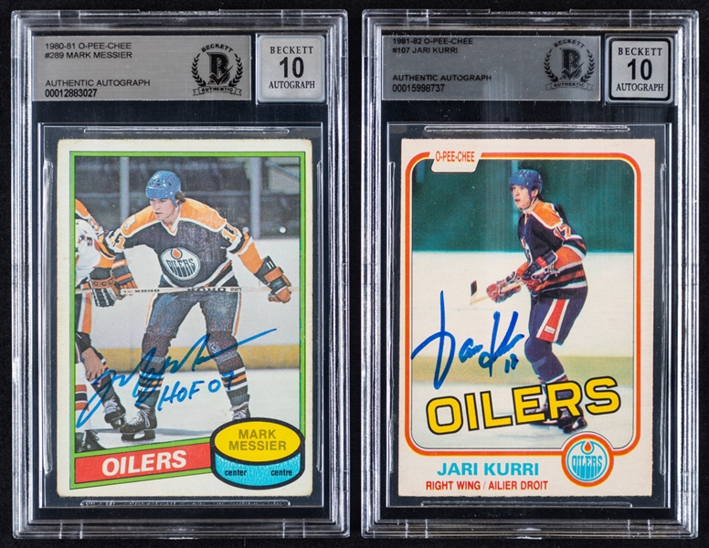 1980-81 and 1981-82 O-Pee-Chee Signed Edmonton Oilers Hockey Rookie Cards (2) of HOFers Mark Messier and Jari Kurri (Beckett Certified Authentic Autographs)