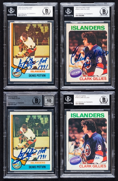 1974-75 and 1975-76 O-Pee-Chee/Topps Signed New York Islanders Hockey Rookie Cards (4) of HOFers Denis Potvin and Clark Gillies (Beckett Certified Authentic Autographs)