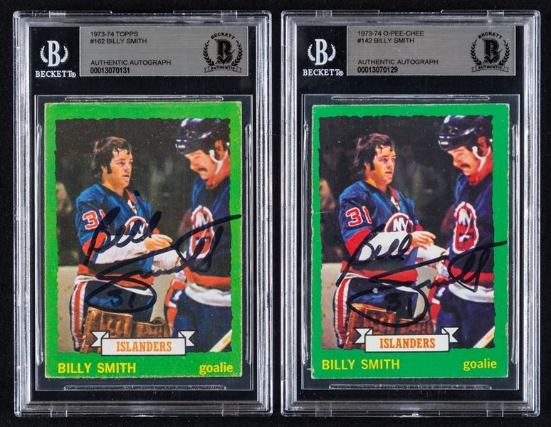 1973-74 O-Pee-Chee and 1973-74 Topps Signed Hockey Cards #142 and #162 HOFer Billy Smith Rookie (Beckett Certified Authentic Autographs)