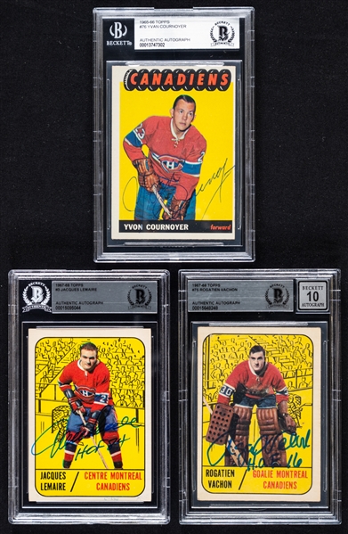 1965-68 Topps Signed Montreal Canadiens Hockey Rookie Cards (3) of HOFers Yvan Cournoyer, Jacques Lemaire and Rogatien Vachon (Beckett Certified Authentic Autographs)