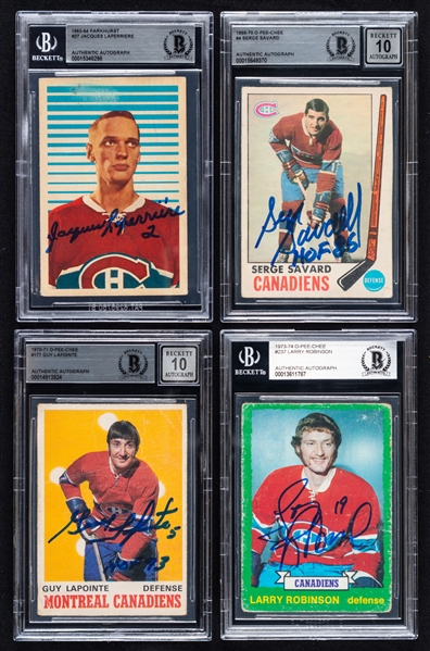 1963-74 Parkhurst/O-Pee-Chee Signed Montreal Canadiens Hockey Rookie Cards (4) of HOFers Jacques Laperriere,  Serge Savard, Guy Lapointe and Larry Robinson (Beckett Certified Authentic Autographs)