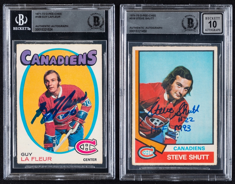 1971-72 and 1974-75 O-Pee-Chee Signed Montreal Canadiens Hockey Rookie Cards (2) of HOFers Guy Lafleur and Steve Shutt (Beckett Certified Authentic Autographs)