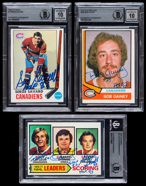 1969-70 Topps and 1974-75 O-Pee-Chee Signed Mtl Canadiens Hockey Rookie Cards (2) of HOFers Serge Savard and Bob Gainey Plus Lafleur/Dionne/Shutt Signed Card (Beckett Certified Authentic Autographs)