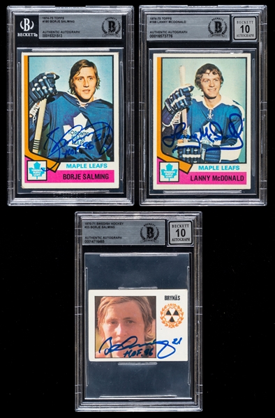 1974-75 Topps Signed Toronto Maple Leafs Hockey Rookie Cards of HOFers Borje Salming and Lanny McDonald Plus Salming Signed 1970-71 Swedish Card (Beckett Certified Authentic Autographs)