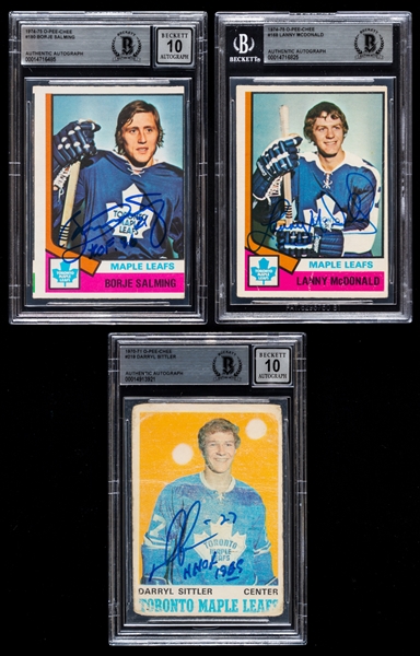 1970-71 and 1974-75 O-Pee-Chee Signed Toronto Maple Leafs Hockey Rookie Cards (3) of HOFers Darryl Sittler, Borje Salming and Lanny McDonald (Beckett Certified Authentic Autographs)