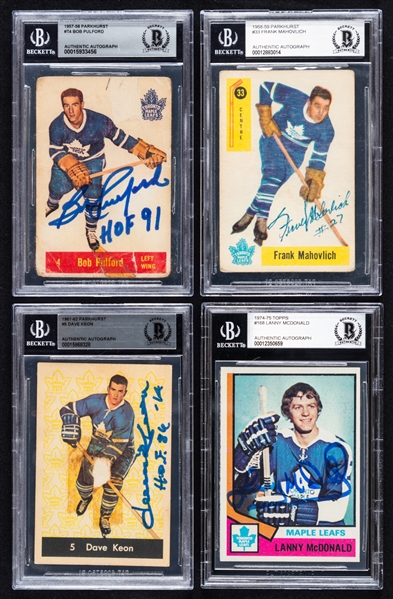 1957-75 Parkhurst/Topps Signed Toronto Maple Leafs Hockey Rookie Cards (3) of HOFers Dave Keon, Bob Pulford and Lanny McDonald Plus Signed Frank Mahovlich Card (Beckett Certified Authentic Autographs)