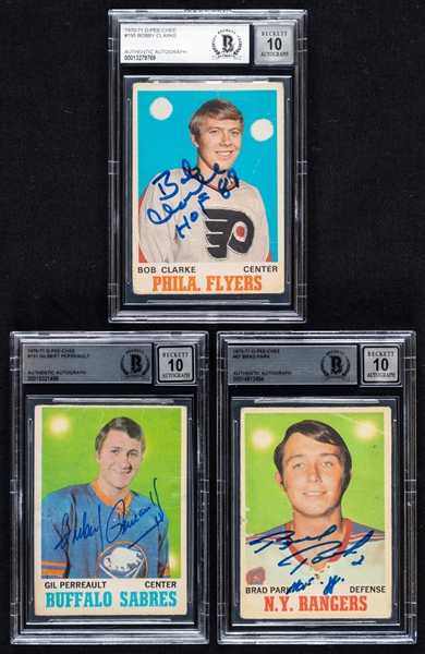 1970-71 O-Pee-Chee Signed Hockey Rookie Cards of HOFers #195 Bobby Clarke, #131 Gilbert Perreault and #67 Brad Park (Beckett Certified Authentic Autographs)