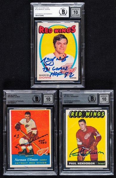 1957-72 Topps/O-Pee-Chee Signed Detroit Red Wings Hockey Rookie Cards (3) of HOFers Norm Ullman and Marcel Dionne Plus Paul Henderson (Beckett Certified Authentic Autographs)