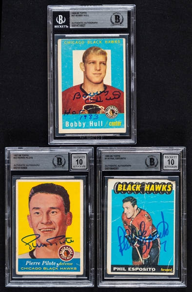 1957-66 Topps Signed Chicago Black Hawks Hockey Rookie Cards (2) of HOFers Pierre Pilote and Phil Esposito Plus Signed 1959-60 Topps Bobby Hull Card (Beckett Certified Authentic Autographs)