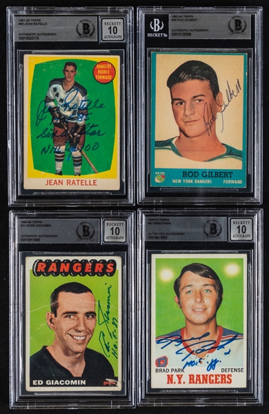 1961-71 Topps Signed New York Rangers Hockey Rookie Cards (3) of HOFers Jean Ratelle, Ed Giacomin and Brad Park Plus Signed 1962-63 Topps Rod Gilbert Card (Beckett Certified Authentic Autographs)