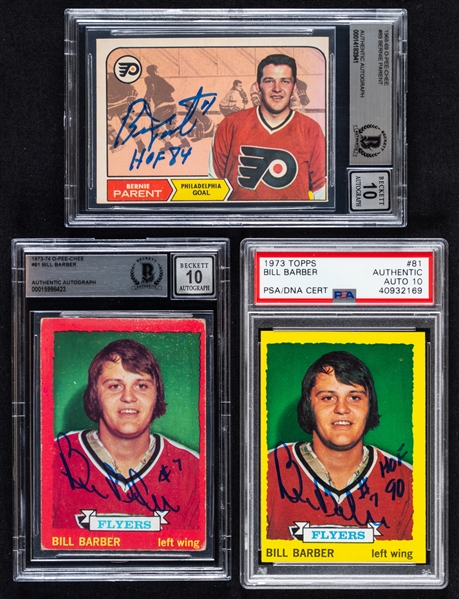 1968-74 O-Pee-Chee/Topps Signed Philadelphia Flyers Hockey Rookie Cards (3) of HOFers Bernie Parent and Bill Barber (2) (Beckett Certified Authentic Autographs)