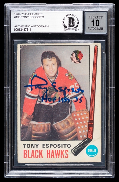 1969-70 O-Pee-Chee Signed Hockey Card #138 Deceased HOFer Tony Esposito Rookie (Beckett Certified Authentic Autograph - Autograph Graded 10)