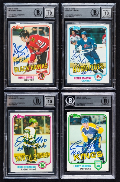 1981-82 Topps Signed Hockey Rookie Cards (4) of HOFers #W75 Denis Savard, #39 Peter Stastny, #W100 Larry Murphy and #W105 Dino Ciccarelli (Beckett Certified Authentic Autographs)