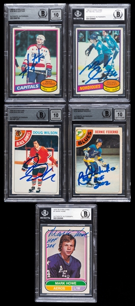 1975-81 O-Pee-Chee Signed Hockey Rookie Cards (5) of HOFers Mark Howe, Doug Wilson, Bernie Federko, Mike Gartner and Michel Goulet (Beckett Certified Authentic Autographs