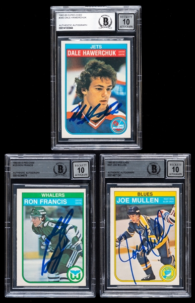 1982-83 O-Pee-Chee Signed Hockey Rookie Cards (3) of HOFers Dale Hawerchuk, Ron Francis and Joe Mullen (Beckett Certified Authentic Autographs)