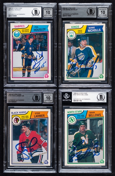 1983-84 O-Pee-Chee Signed Hockey Rookie Cards (4) of Phil Housley, Bernie Nicholls, Steve Larmer and Brian Bellows (Beckett Certified Authentic Autographs)