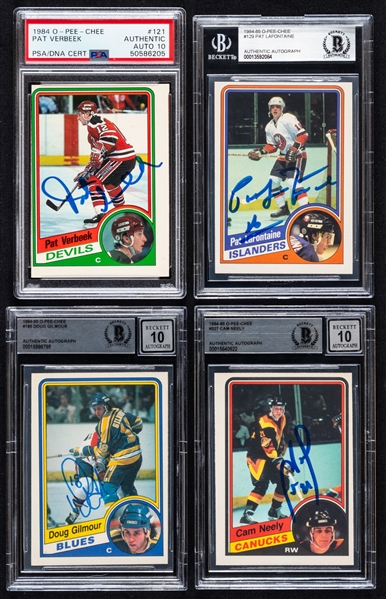 1984-85 O-Pee-Chee Signed Hockey Rookie Cards (4) of HOFers Pat Lafontaine, Doug Gilmour and Cam Neely Plus Pat Verbeek (PSA/DNA - Beckett Certified Authentic Autographs)