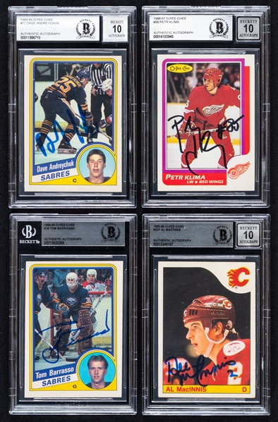 1984-87 O-Pee-Chee Signed Hockey Rookie Cards (4) of HOFers Dave Andreychuk, Tom Barrasso and Al MacInnis Plus Petr Klima (Beckett Certified Authentic Autographs)