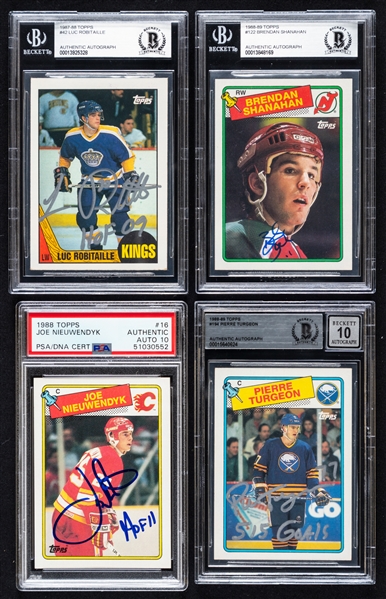 1987-88 and 1988-89 Topps Signed Hockey Rookie Cards (4) of HOFers Luc Robitaille, Joe Nieuwendyk, Brendan Shanahan and Pierre Turgeon (PSA/DNA and Beckett Certified Authentic Autographs)