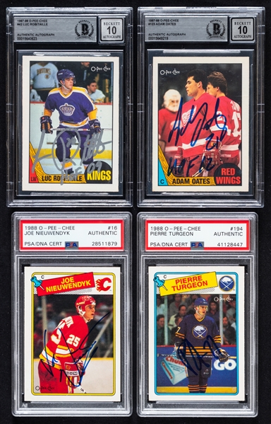 1987-88 and 1988-89 O-Pee-Chee Signed Hockey Rookie Cards (4) of HOFers Luc Robitaille, Adam Oates, Joe Nieuwendyk and Pierre Turgeon (PSA/DNA and Beckett Certified Authentic Autographs)