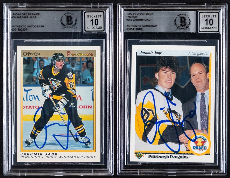 1990-91 O-Pee-Chee Premier/Upper Deck/Foodland Signed Hockey Rookie Cards (4) of HOFer Jaromir Jagr (PSA/DNA and Beckett Certified Authentic Autographs)