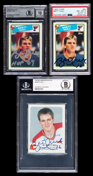 1987-88 and 1988-89 Red Rooster/O-Pee-Chee/Topps Signed Hockey Pre-Rookie/Rookie Cards (3) of HOFer Brett Hull (PSA/DNA and Beckett Certified Authentic Autographs)