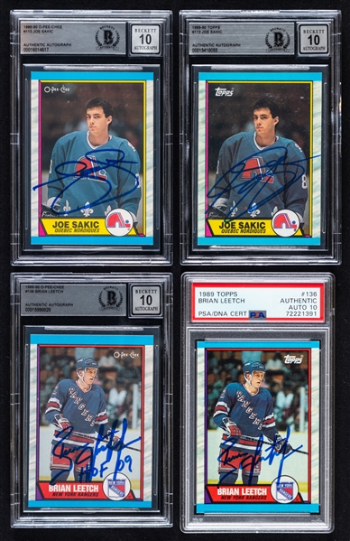 1989-90 O-Pee-Chee/Topps Signed Hockey Rookie Cards (7) Including HOFers Joe Sakic and Brian Leetch Plus Theo Fleury and Trevor Linden (PSA/DNA and Beckett Certified Authentic Autographs)