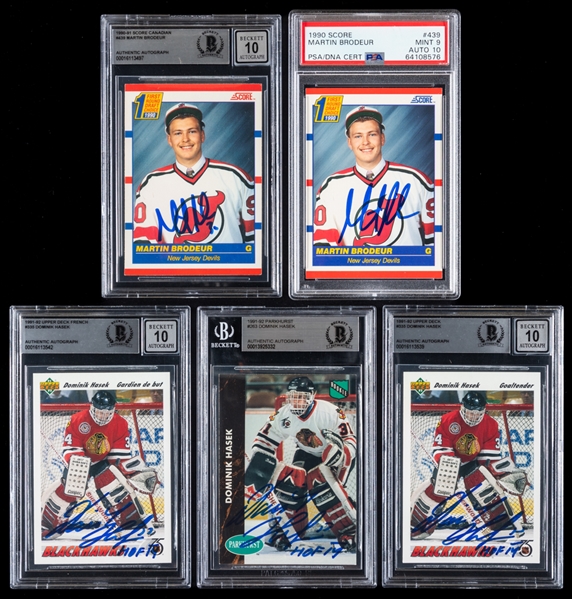 1990-91 and 1991-92 Score/Score Canadian/Upper Deck/Parkhurst Signed Hockey Rookie Cards (5) of HOFers Martin Brodeur and Dominik Hasek (PSA/DNA and Beckett Certified Authentic Autographs)