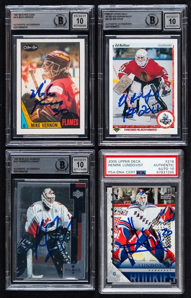 1990-91 to 2005-06 O-Pee-Chee/Upper Deck/OPC Premier Signed Hockey Rookie Cards (8) Including HOFers Ed Belfour, Mike Vernon, Henrik Lundqvist and Roberto Luongo (PSA/DNA and Beckett Certified Authen