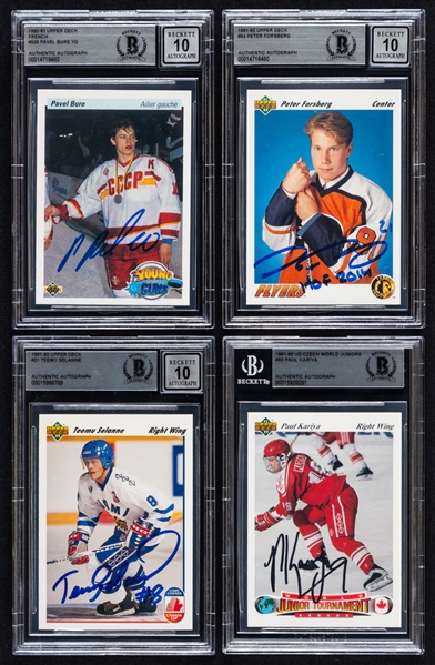 1990-91 and 1991-92 Upper Deck Signed Hockey Rookie Cards (8) of HOFers Forsberg, Selanne, Bure, Kariya, Sundin, Lidstrom, Modano and Niedermayer (Beckett Certified Authentic Autographs)