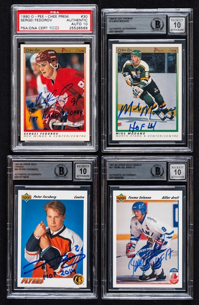 1990-91 to 1992-93 Upper Deck/OPC Premier Signed Hockey Rookie Cards (8) of HOFers Forsberg, Selanne, Fedorov, Modano, Lidstrom, Pronger & Roenick (PSA/DNA and Beckett Certified Authentic Autographs)