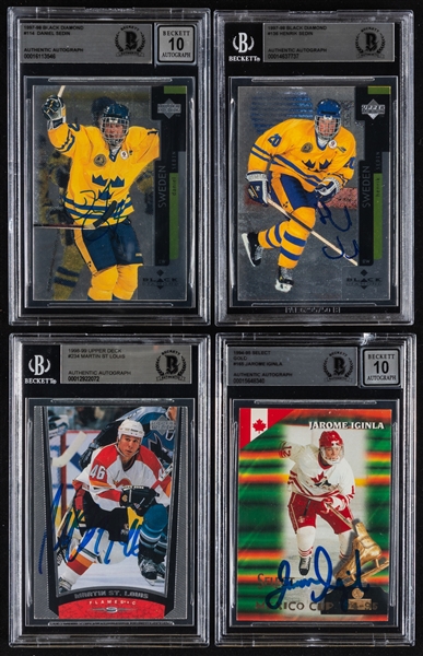 1994-95 to 1998-99 Upper Deck/Black Diamond/Topps Signed Hockey Rookie Cards (9) of HOFers Hossa, St-Louis, Sedin Bros, Alfredsson and Iginla Plus Lecavalier (Beckett Certified Authentic Autographs)