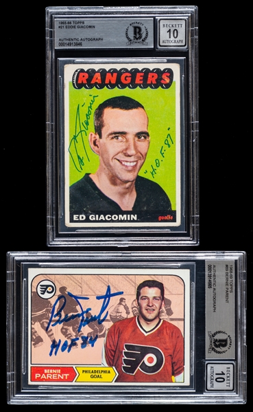 1965-66 and 1968-69 Topps Signed Hockey Rookie Cards of HOFers Eddie Giacomin and Bernie Parent (Beckett Certified Authentic Autographs - Autographs Graded 10)